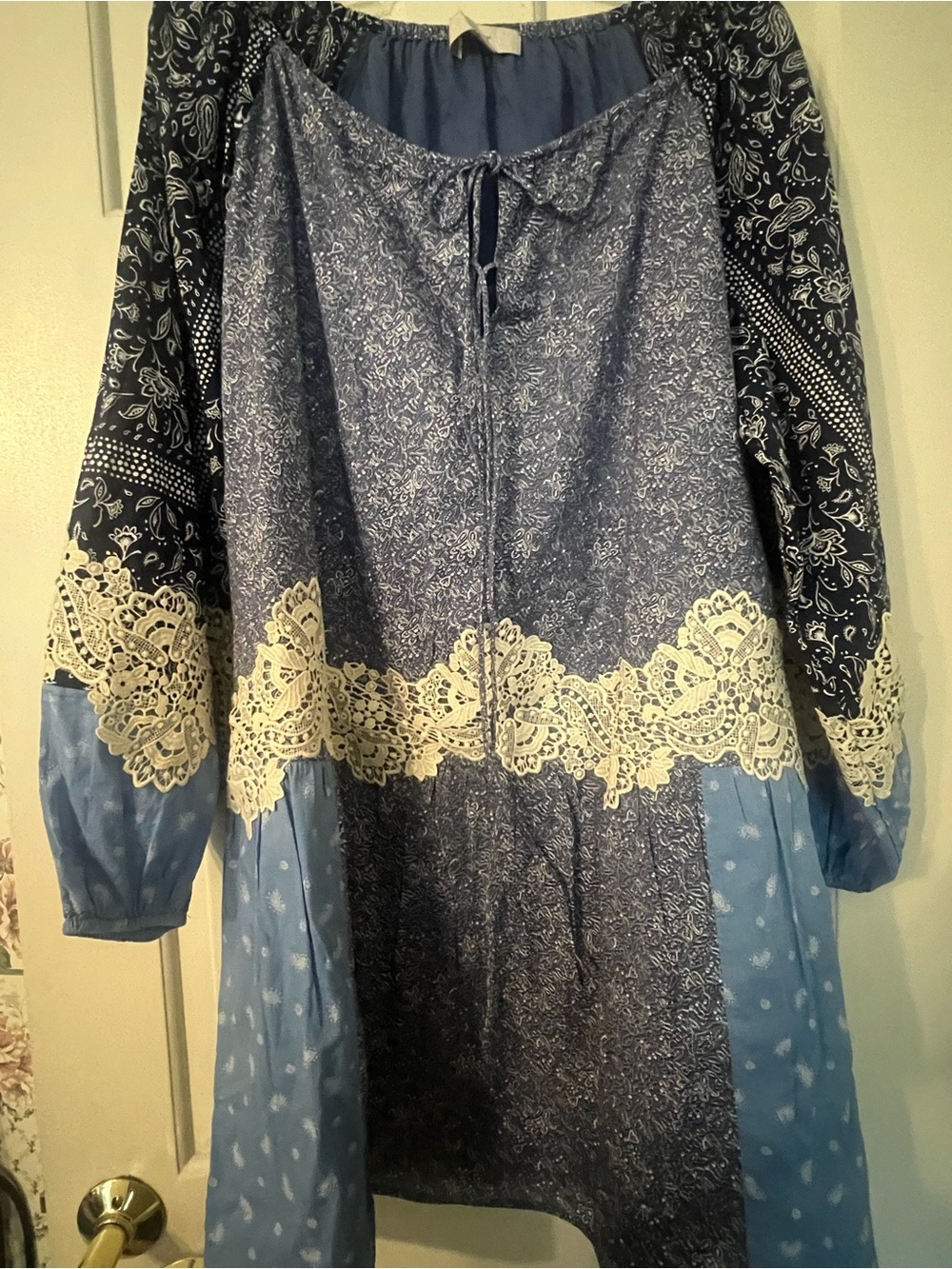 Loft Blue Boho Lace Trim Peasant mini Dress cottage poplin balloon sleeve L cos - Picture 7 of 13